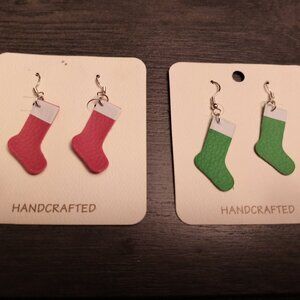 RED XMAS STOCKINGS -GREEN STOCKINGS FAUX LEATHER TEARDROP EARRINGS